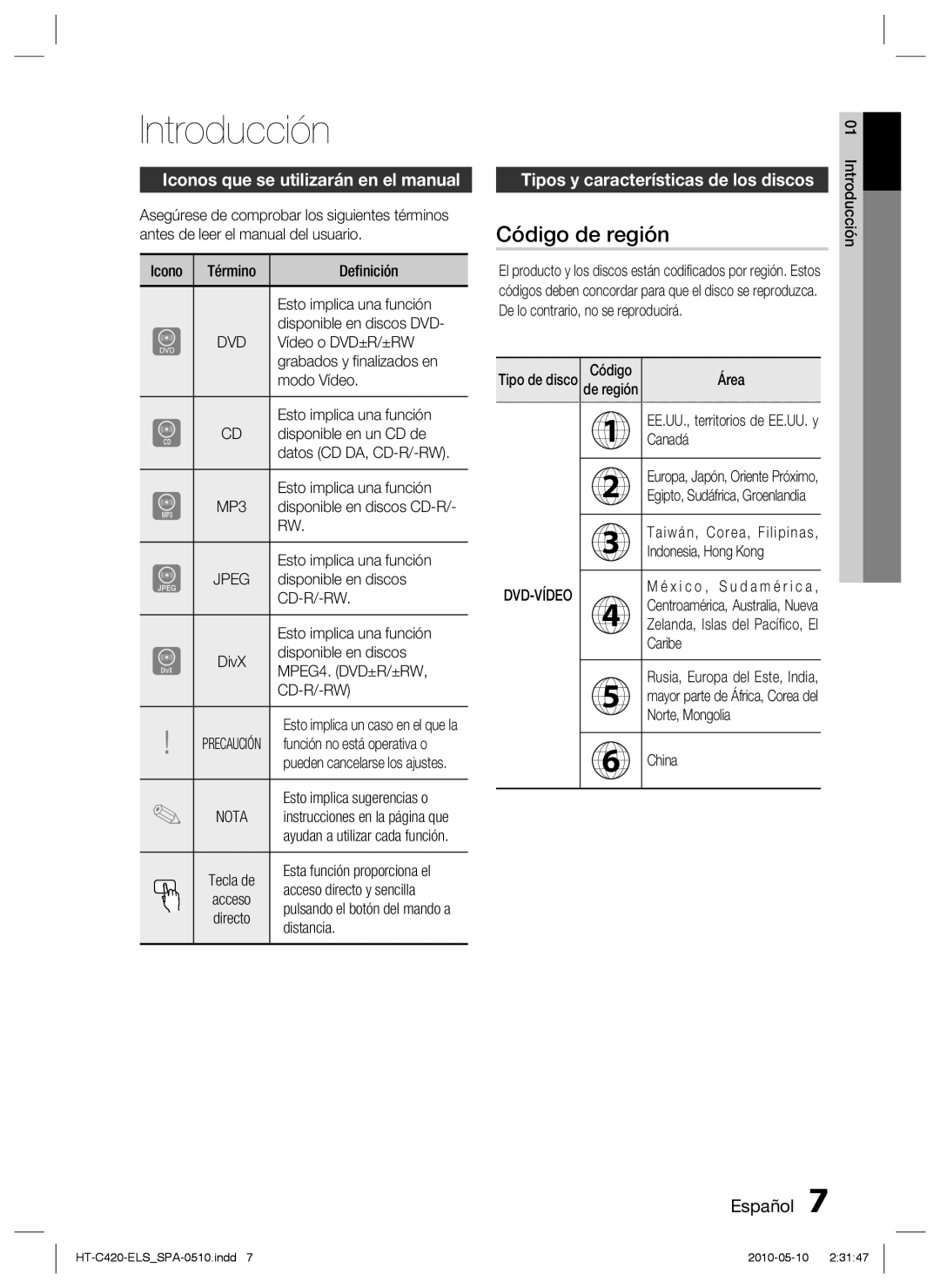 Samsung HT-C420/XEF Introducción, Código de región, Iconos que se utilizarán en el manual 