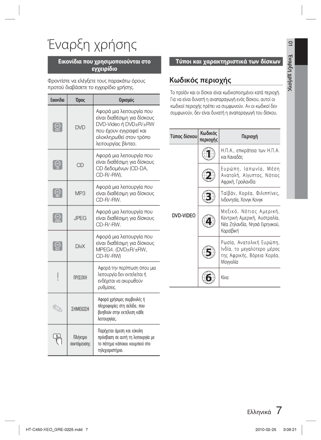 Samsung HT-C453/EDC, HT-C450/EDC manual Έναρξη χρήσης, Κωδικός περιοχής, Εικονίδια που χρησιμοποιούνται στο Εγχειρίδιο 