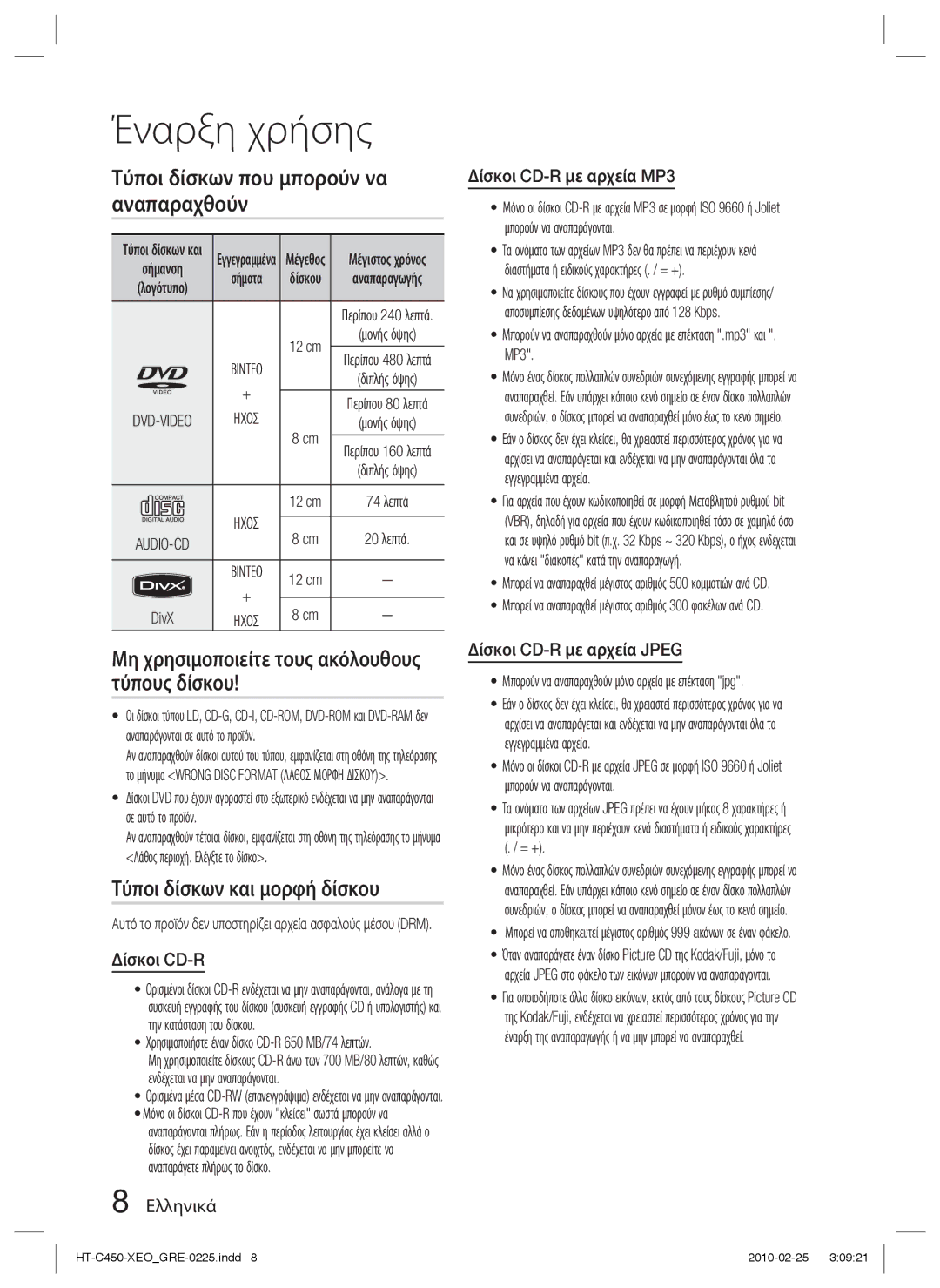 Samsung HT-C450N/EDC manual Τύποι δίσκων που μπορούν να αναπαραχθούν, Μη χρησιμοποιείτε τους ακόλουθους τύπους δίσκου 