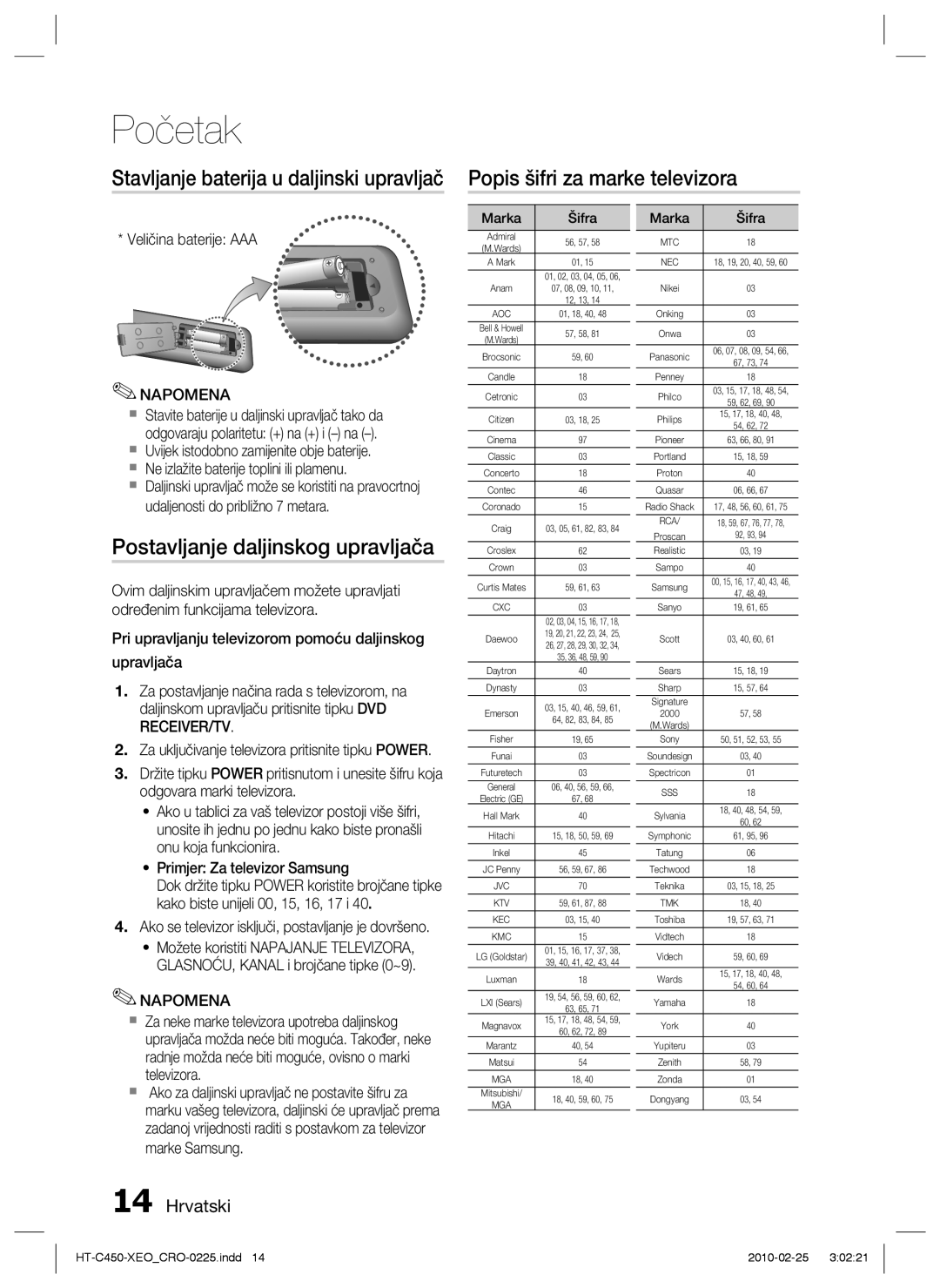 Samsung HT-C450/EDC, HT-C453/EDC Postavljanje daljinskog upravljača, Veličina baterije AAA, Primjer Za televizor Samsung 