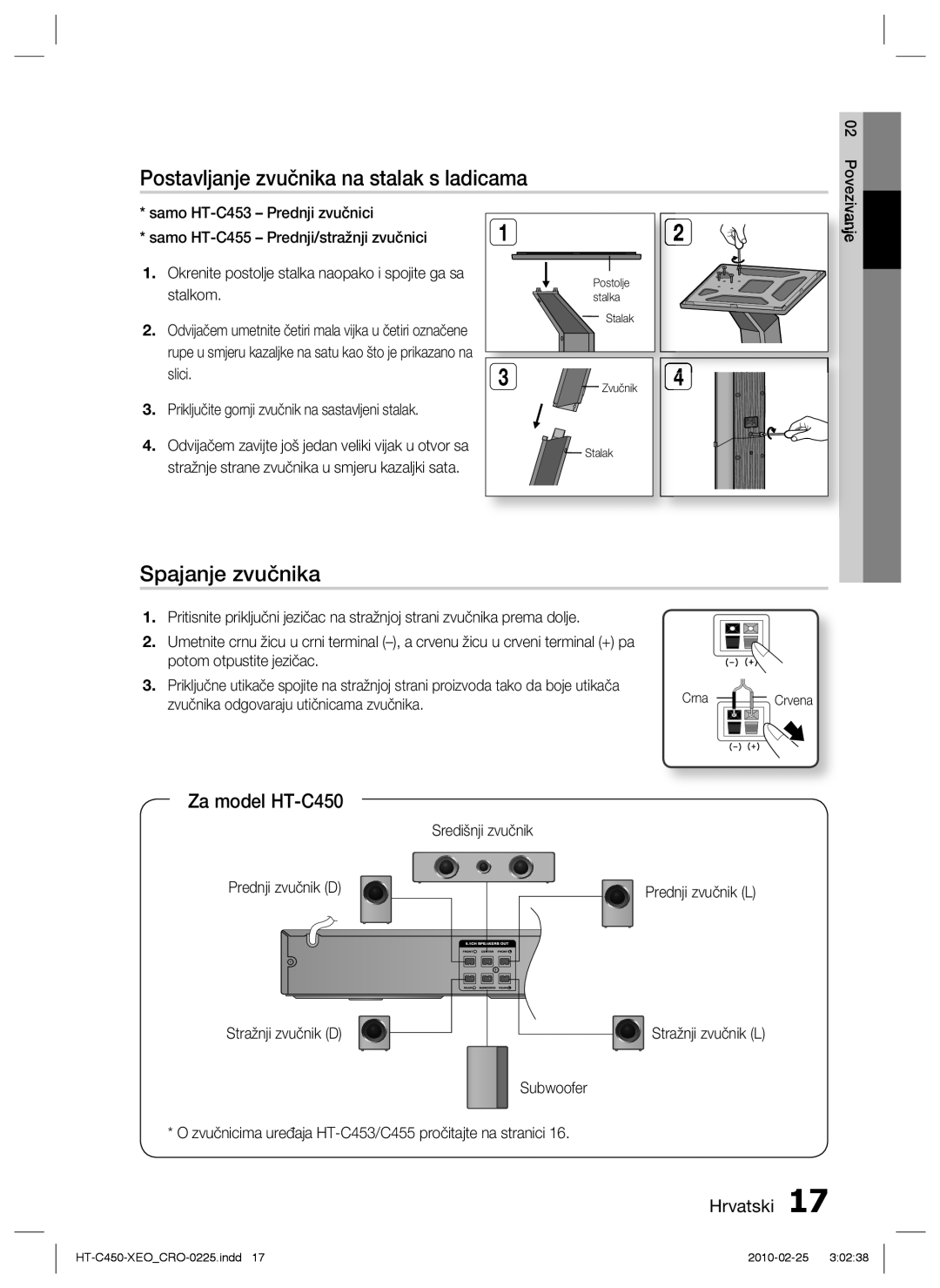 Samsung HT-C453/EDC, HT-C450/EDC manual Postavljanje zvučnika na stalak s ladicama, Spajanje zvučnika, Za model HT-C450 