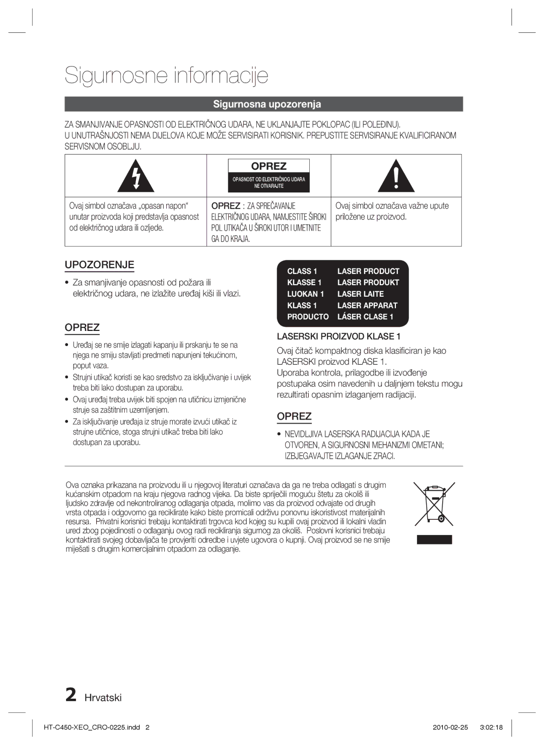 Samsung HT-C450/EDC, HT-C453/EDC manual Sigurnosne informacije, Sigurnosna upozorenja, Hrvatski, Laserski Proizvod Klase 