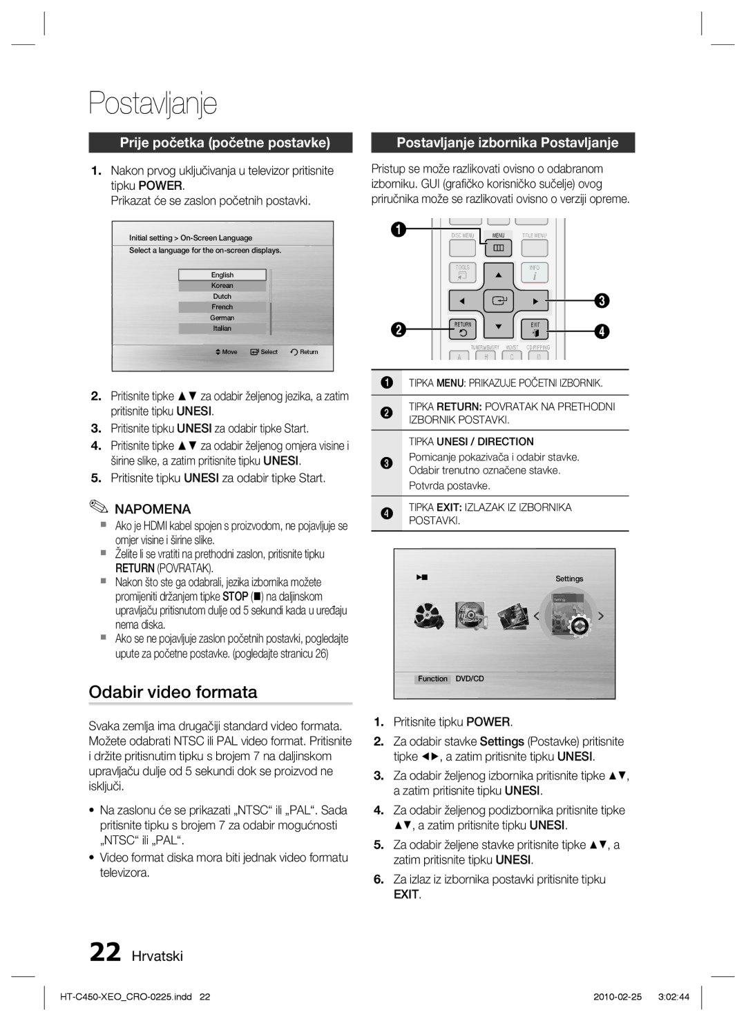 Samsung HT-C450/EDC, HT-C453/EDC manual Postavljanje, Odabir video formata, Prije početka početne postavke, Return Povratak 