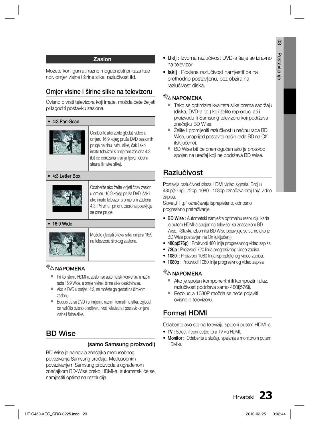 Samsung HT-C453/EDC, HT-C450/EDC manual BD Wise, Razlučivost, Format Hdmi, Zaslon 