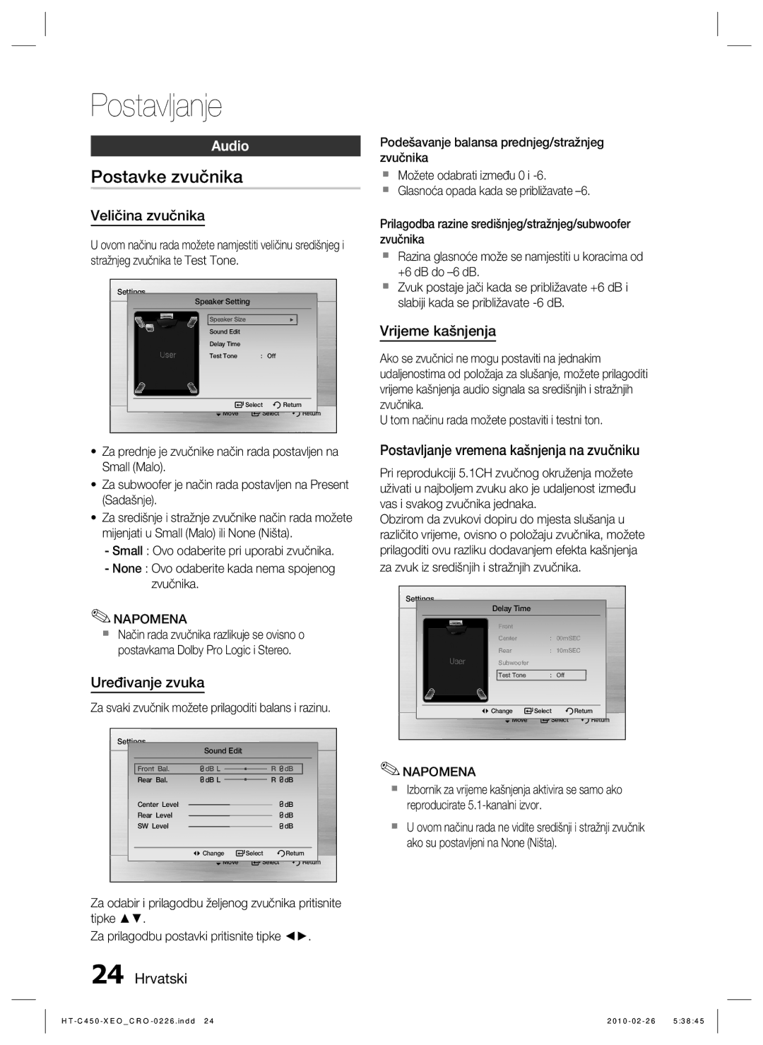 Samsung HT-C450/EDC, HT-C453/EDC manual Postavke zvučnika, Audio 