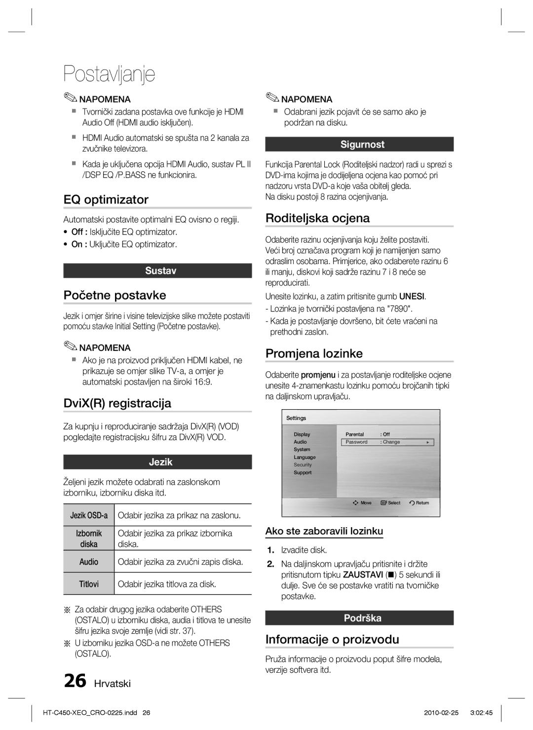 Samsung HT-C450/EDC manual EQ optimizator, Početne postavke, DviXR registracija, Roditeljska ocjena, Promjena lozinke 