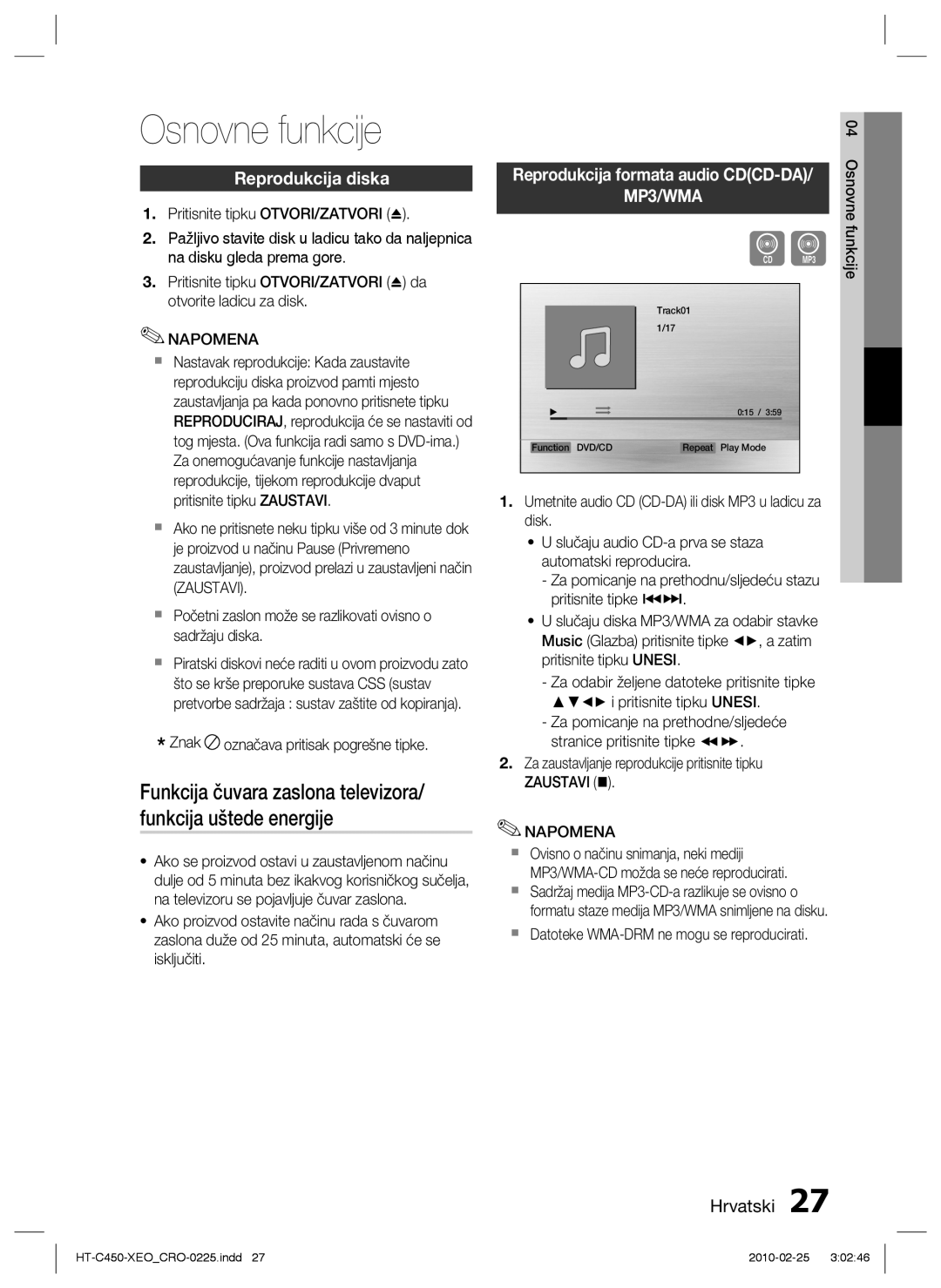 Samsung HT-C453/EDC, HT-C450/EDC manual Osnovne funkcije, Reprodukcija diska, Reprodukcija formata audio CDCD-DA 