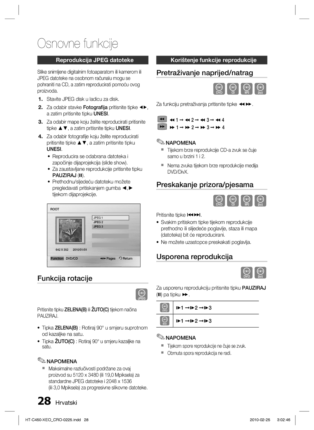 Samsung HT-C450/EDC Funkcija rotacije, Pretraživanje naprijed/natrag, Preskakanje prizora/pjesama, Usporena reprodukcija 