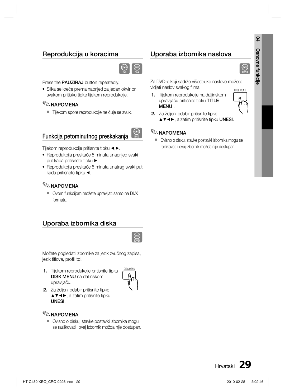 Samsung HT-C453/EDC manual Reprodukcija u koracima, Uporaba izbornika naslova, Uporaba izbornika diska, Unesi Napomena 