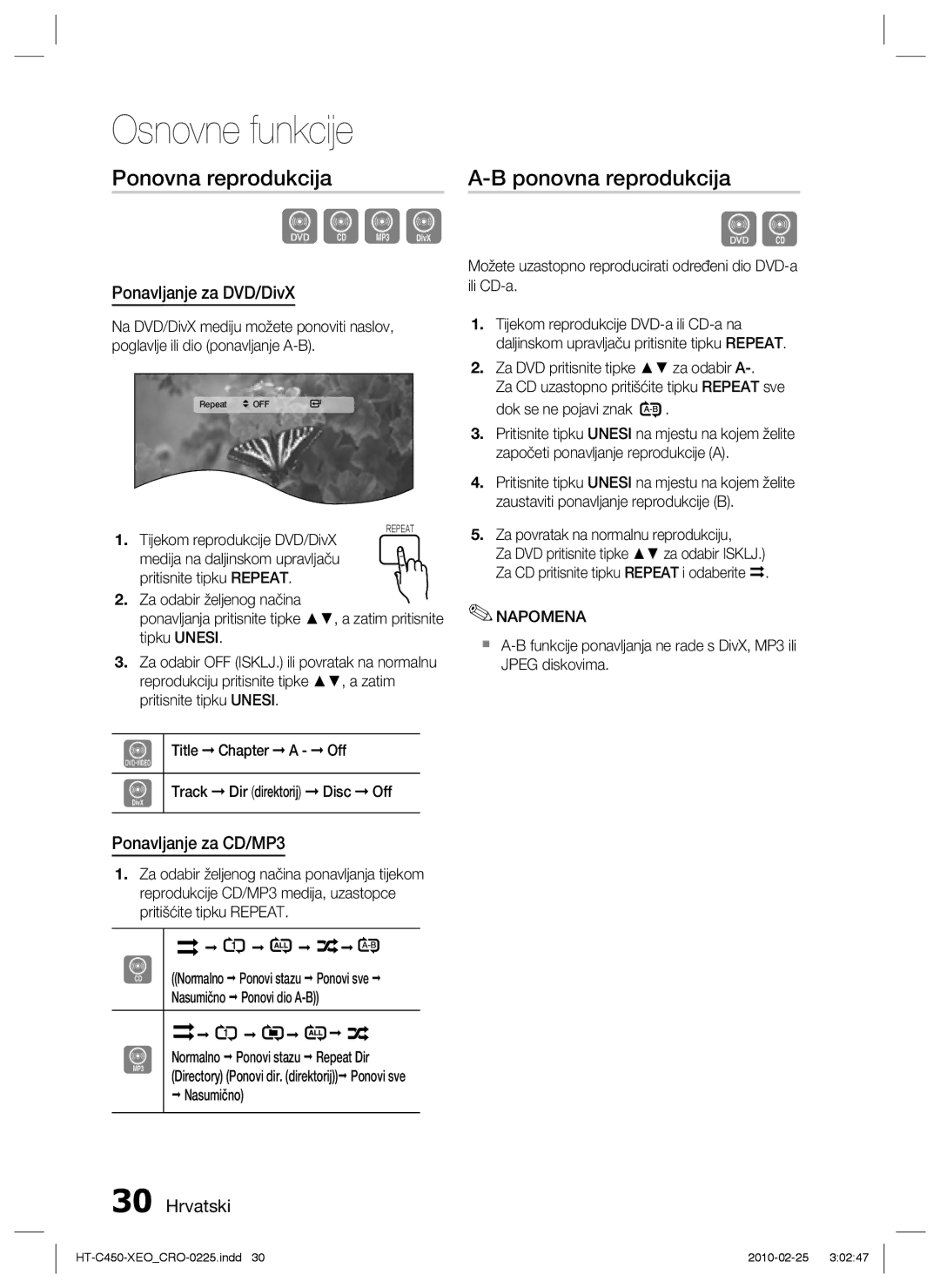 Samsung HT-C450/EDC, HT-C453/EDC manual Ponovna reprodukcija, Ponavljanje za DVD/DivX, Ponavljanje za CD/MP3 