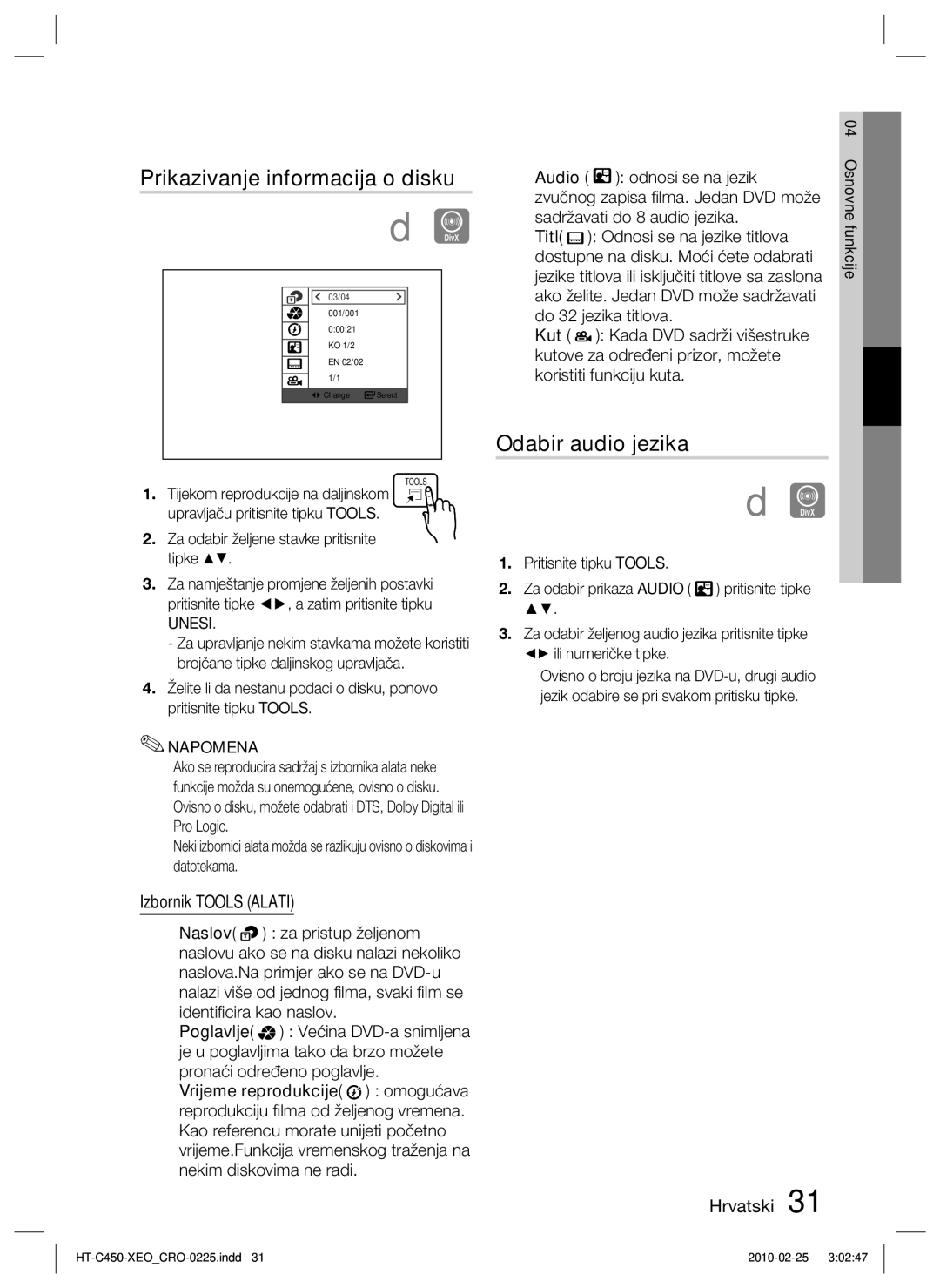 Samsung HT-C453/EDC, HT-C450/EDC manual Prikazivanje informacija o disku, Odabir audio jezika, Izbornik Tools Alati 