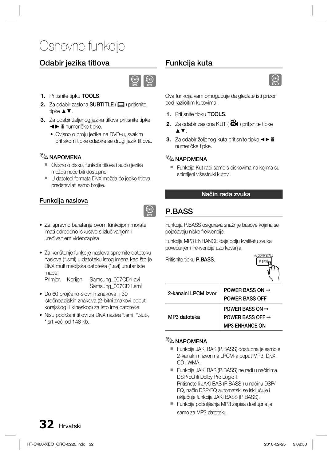 Samsung HT-C450/EDC, HT-C453/EDC manual Odabir jezika titlova, Funkcija kuta, Funkcija naslova, Način rada zvuka 