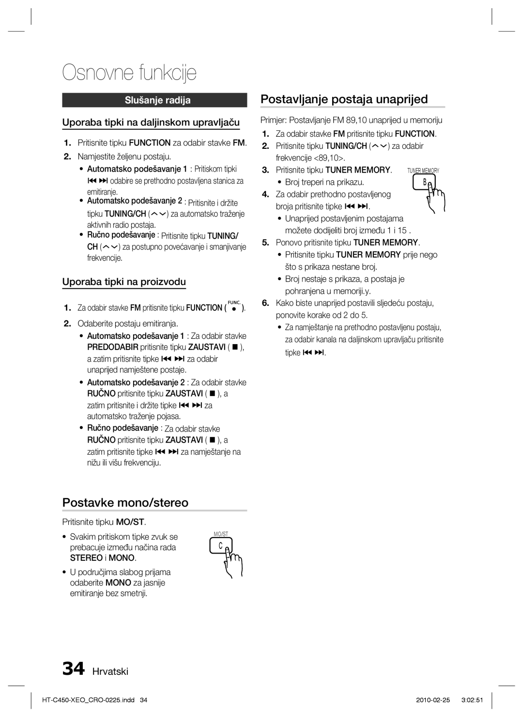 Samsung HT-C450/EDC Postavljanje postaja unaprijed, Postavke mono/stereo, Slušanje radija, Uporaba tipki na proizvodu 