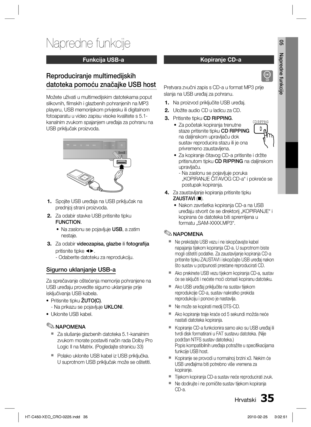 Samsung HT-C453/EDC, HT-C450/EDC manual Napredne funkcije, Funkcija USB-a, Sigurno uklanjanje USB-a, Kopiranje CD-a 