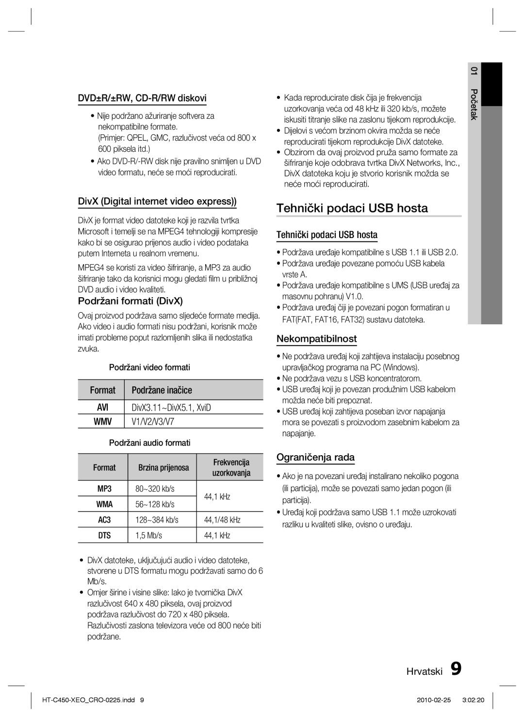 Samsung HT-C453/EDC, HT-C450/EDC manual Tehnički podaci USB hosta 