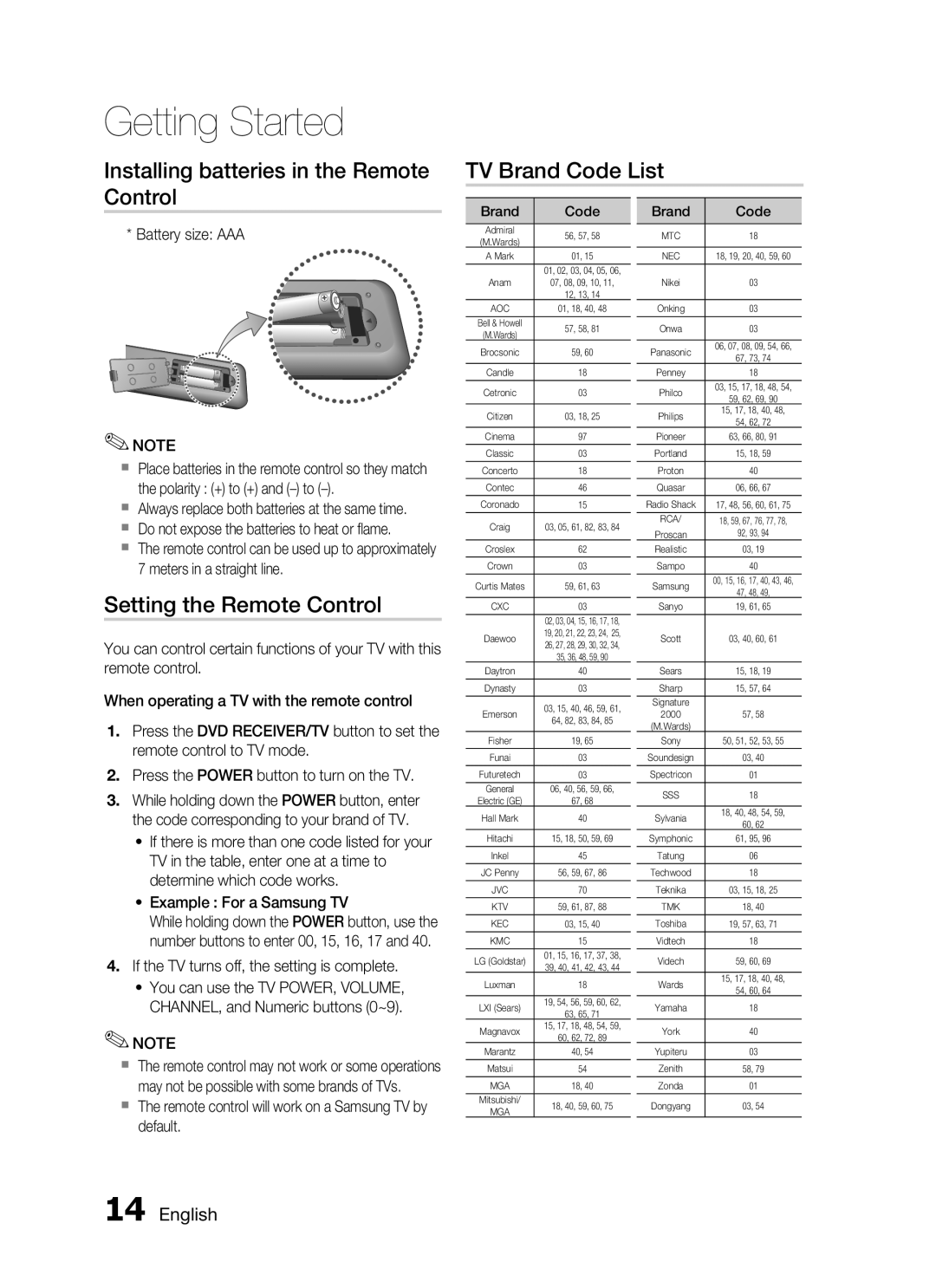 Samsung HT-C450/XEE Setting the Remote Control, Battery size AAA, If the TV turns off, the setting is complete, Brand Code 