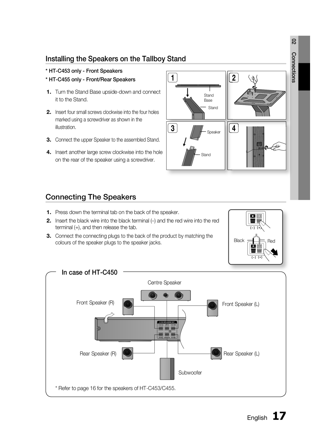 Samsung HT-C450/MEA Installing the Speakers on the Tallboy Stand, Connecting The Speakers, Case of HT-C450, English 1 