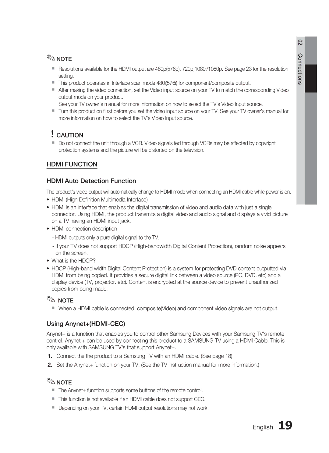 Samsung HT-C453/MEA, HT-C450/MEA, HT-C455/MEA, HT-C450/LAG, HT-C455/LAG Hdmi Auto Detection Function, Using Anynet+HDMI-CEC 