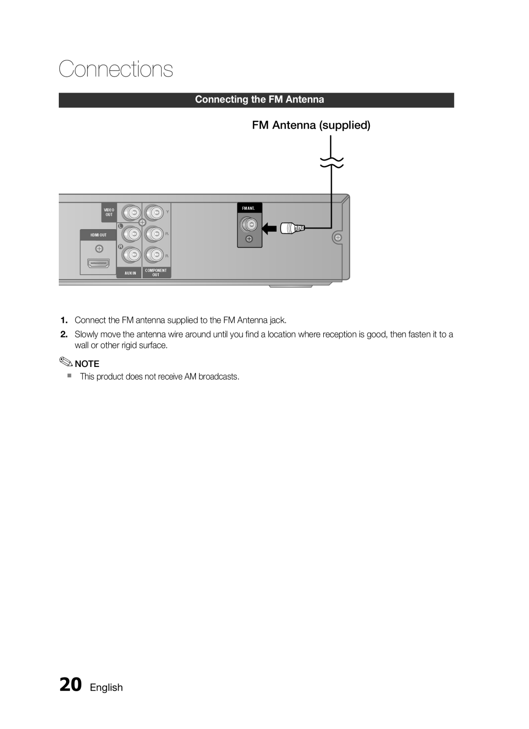 Samsung HT-C450/LAG, HT-C450/MEA, HT-C455/MEA, HT-C453/MEA manual FM Antenna supplied, Connecting the fm Antenna, 0 English 