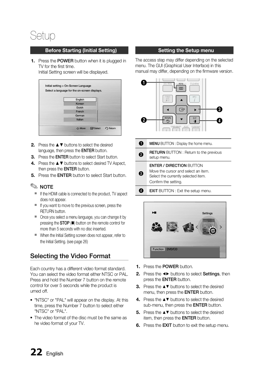 Samsung HT-C453/AFR Selecting the Video Format, Before Starting Initial Setting, Setting the Setup menu,  English 