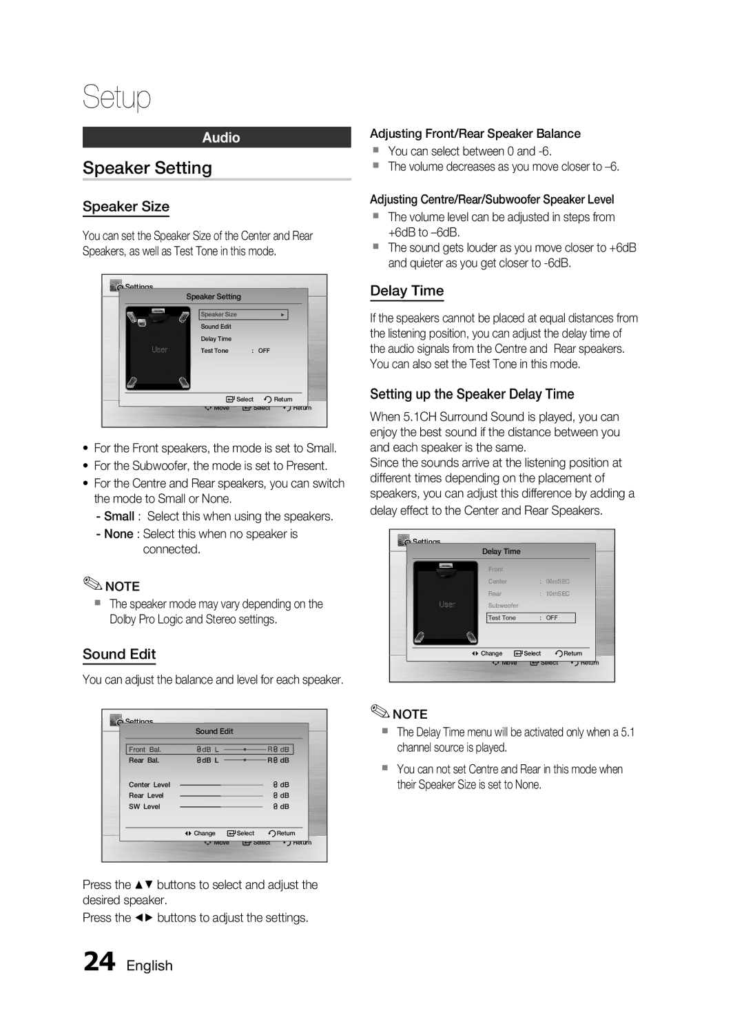 Samsung HT-C455/HAC, HT-C450/MEA, HT-C455/MEA, HT-C453/MEA, HT-C450/LAG, HT-C455/LAG, HT-C453/AFR manual Speaker Setting, Audio 