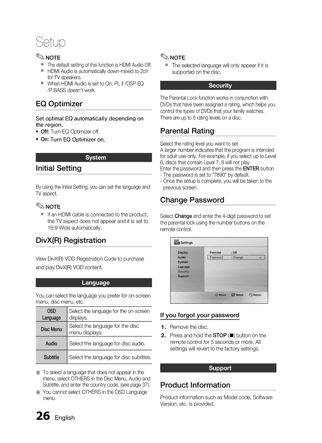 Samsung HT-C455/AFR, HT-C450/MEA manual EQ Optimizer, Initial Setting, DivXR Registration, Parental Rating, Change Password 