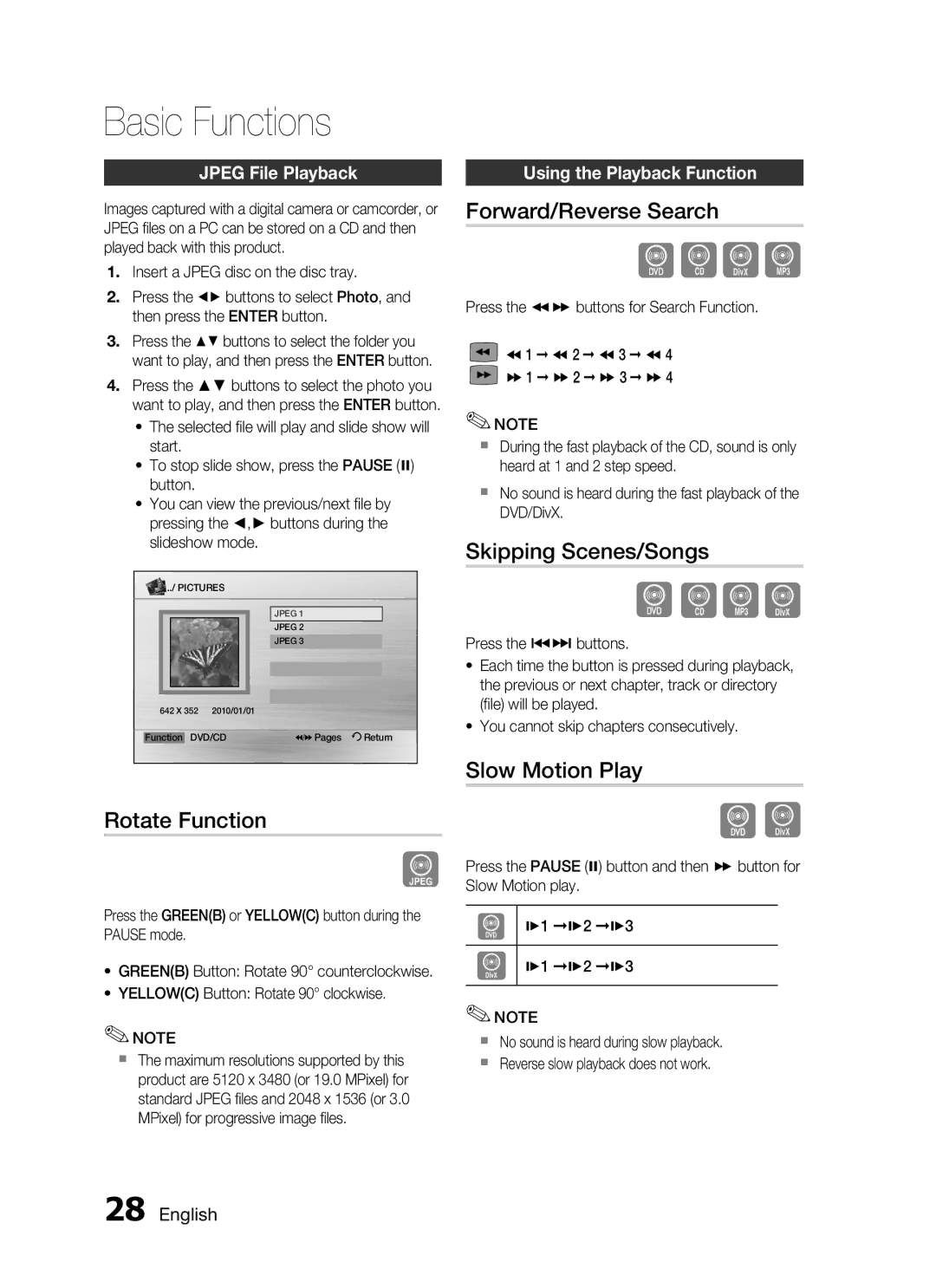 Samsung HT-C455/UMG, HT-C450/MEA manual Rotate Function, Forward/Reverse Search, Skipping Scenes/Songs, Slow Motion Play 