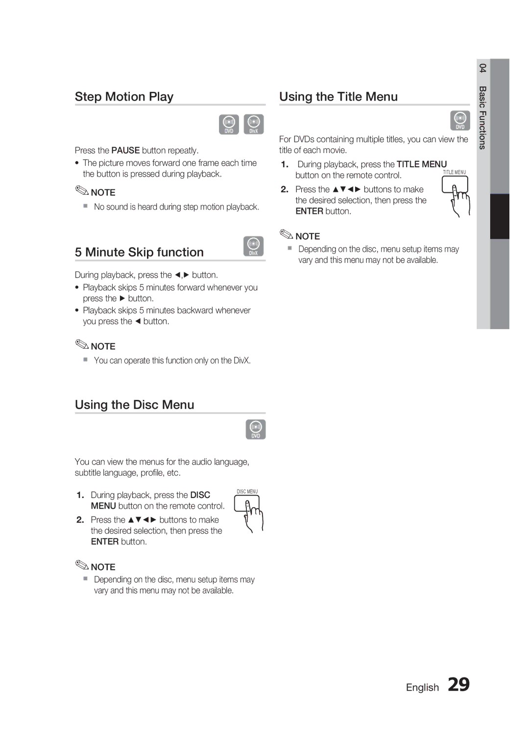 Samsung HT-C455/KE, HT-C450/MEA manual Step Motion Play, Minute Skip function, Using the Title Menu, Using the Disc Menu 