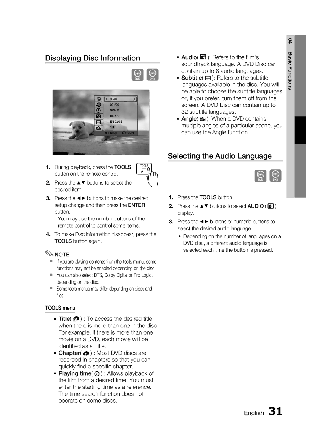 Samsung HT-C450/XEE, HT-C450/MEA, HT-C455/MEA manual Displaying Disc Information, Selecting the Audio Language, Tools menu 