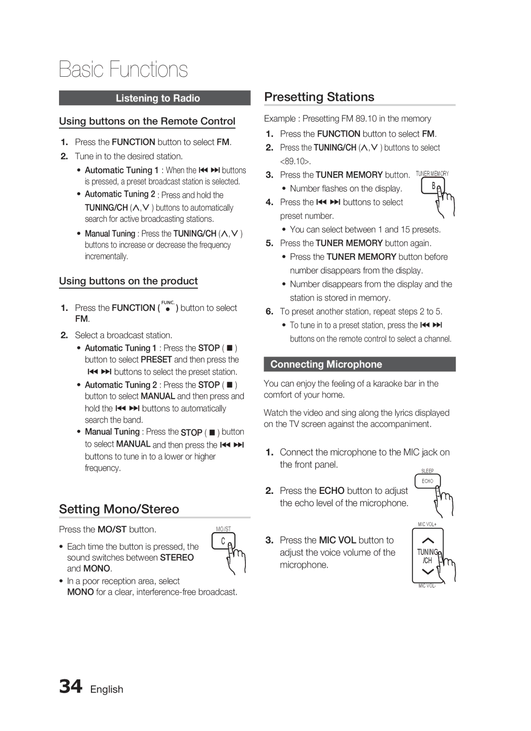 Samsung HT-C450/MEA, HT-C455/MEA manual Presetting Stations, Setting Mono/Stereo, Listening to Radio, Connecting Microphone 