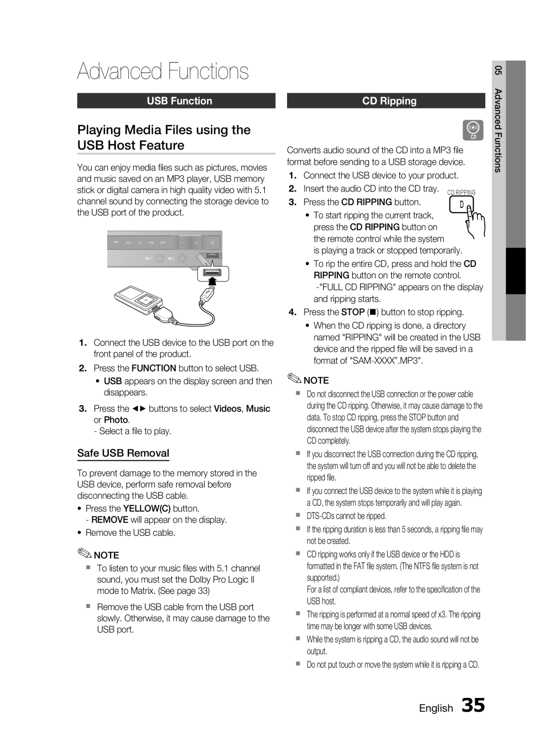 Samsung HT-C455/MEA Playing Media Files using the USB Host Feature, USB function, Safe USB Removal, CD ripping, English  