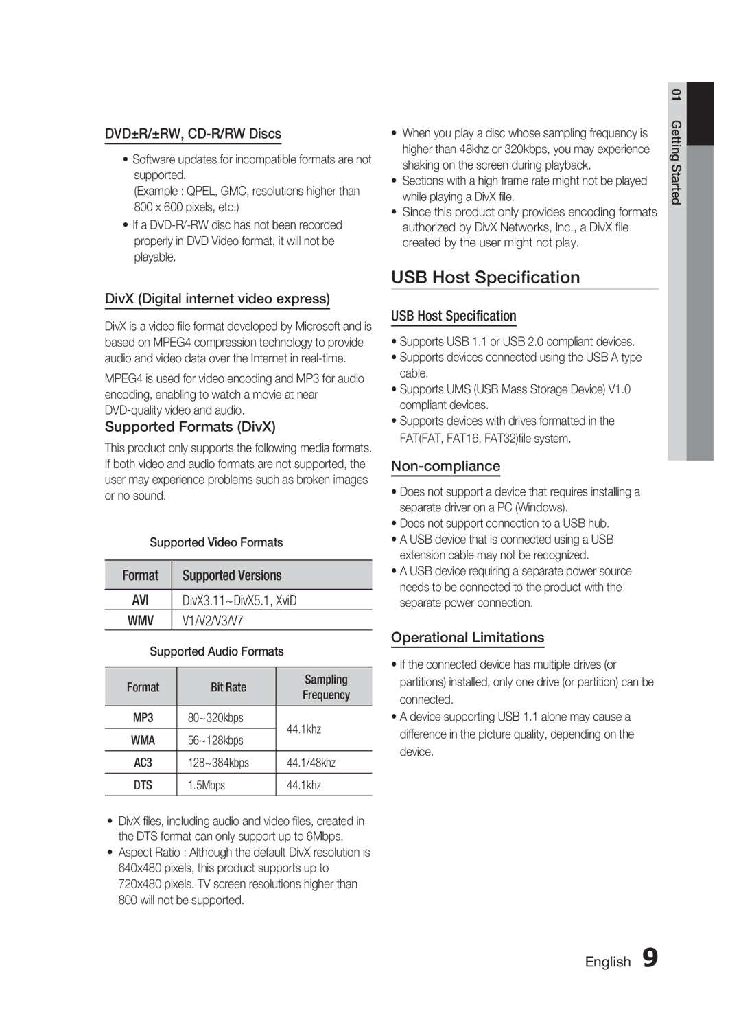 Samsung HT-C455/AFR, HT-C450/MEA, HT-C455/MEA, HT-C453/MEA, HT-C450/LAG, HT-C455/LAG, HT-C453/AFR manual USB Host Specification 