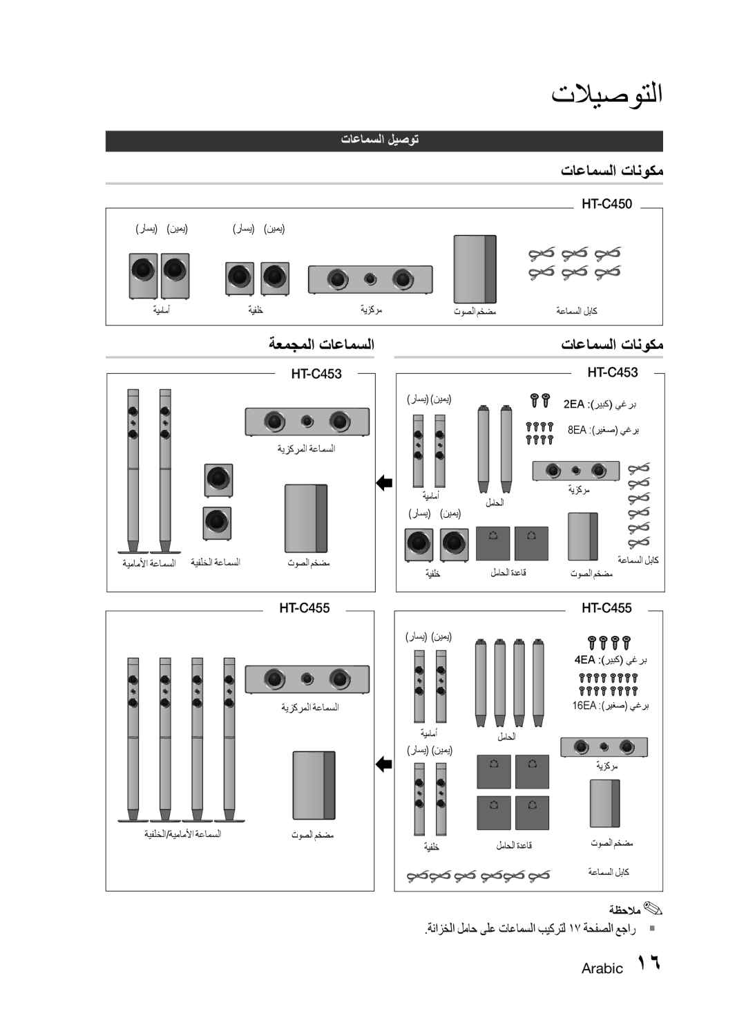 Samsung HT-C450/LAG, HT-C450/MEA, HT-C455/MEA, HT-C453/MEA, HT-C455/LAG, HT-C453/AFR ةعمجملا تاعامسلا, تاعامسلا تانوكم 