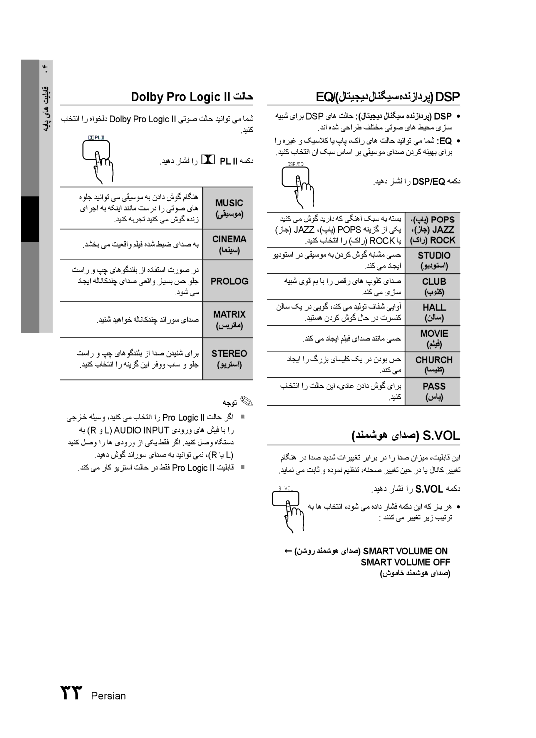 Samsung HT-C455/HAC, HT-C450/MEA, HT-C455/MEA Dolby Pro Logic II تلاح, Eq/لاتیجید لانگیس هدنزادرپ Dsp, دنمشوه یادص S.Vol 