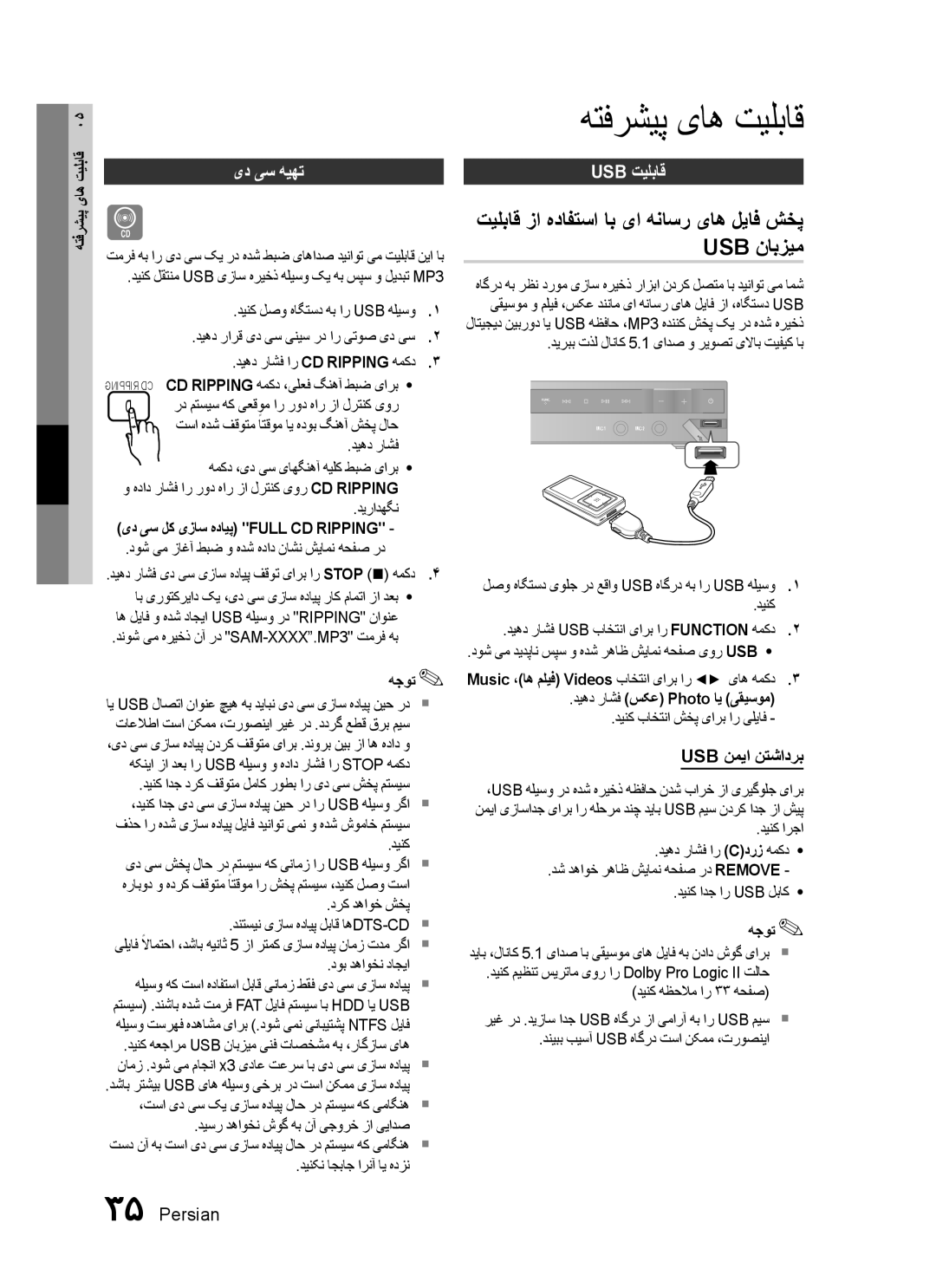 Samsung HT-C455/AFR, HT-C450/MEA, HT-C455/MEA, HT-C453/MEA manual هتفرشیپ یاه تیلباق, ید یس هیهت, Usb تیلباق, Usb نمیا نتشادرب 