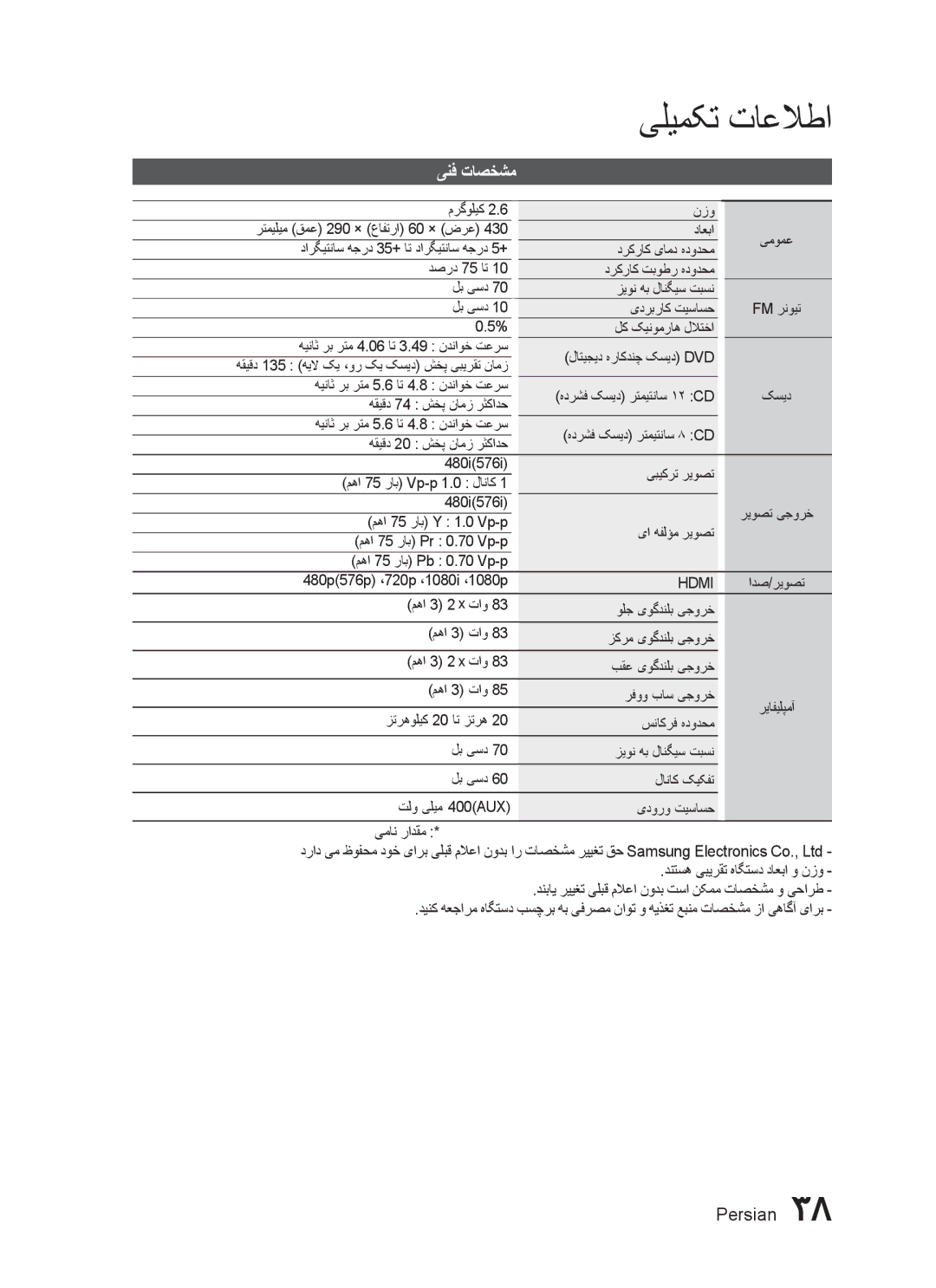 Samsung HT-C455/KE, HT-C450/MEA, HT-C455/MEA, HT-C453/MEA, HT-C450/LAG, HT-C455/LAG, HT-C453/AFR یلیمکت تاعلاطا, ینف تاصخشم 