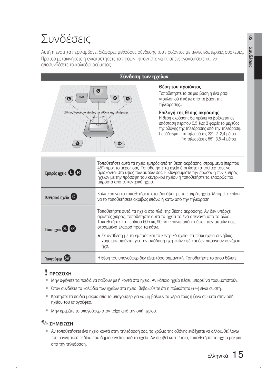 Samsung HT-C450N/EDC, HT-C453N/EDC, HT-C445N/EDC manual Συνδέσεις, Σύνδεση των ηχείων 