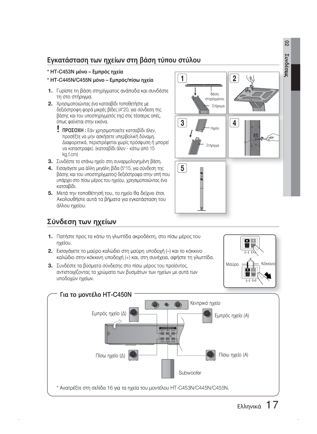 Samsung HT-C445N/EDC manual Εγκατάσταση των ηχείων στη βάση τύπου στύλου, Σύνδεση των ηχείων, Για το μοντέλο HT-C450N 