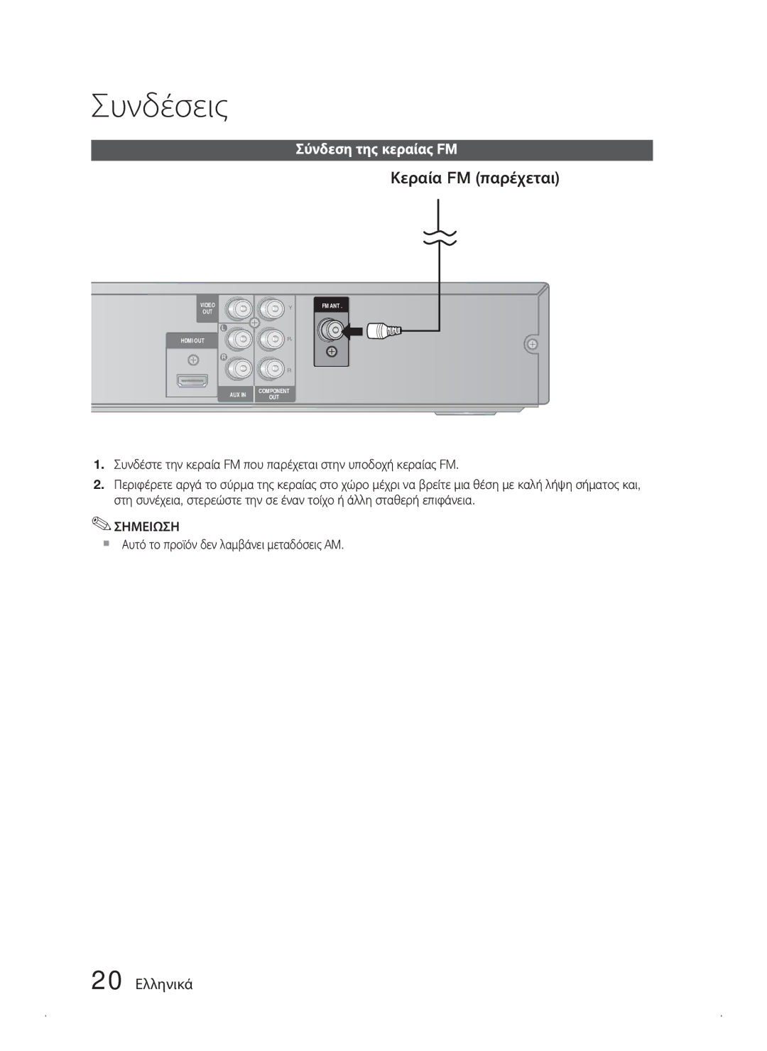 Samsung HT-C445N/EDC Κεραία FM παρέχεται, Σύνδεση της κεραίας FM, 20 Ελληνικά,  Αυτό το προϊόν δεν λαμβάνει μεταδόσεις AM 