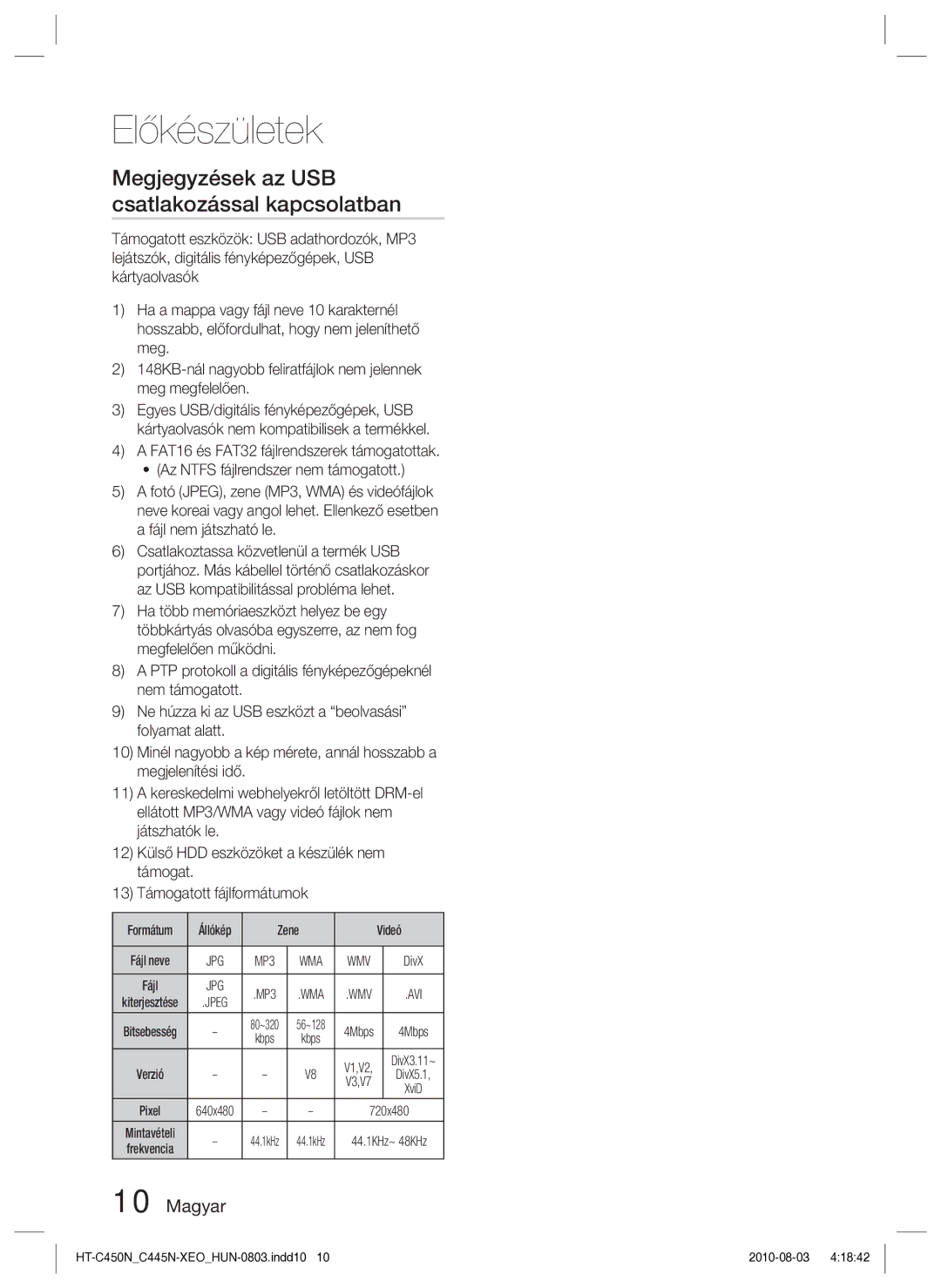 Samsung HT-C453N/EDC, HT-C450N/EDC, HT-C445N/EDC manual Megjegyzések az USB csatlakozással kapcsolatban, Avi 