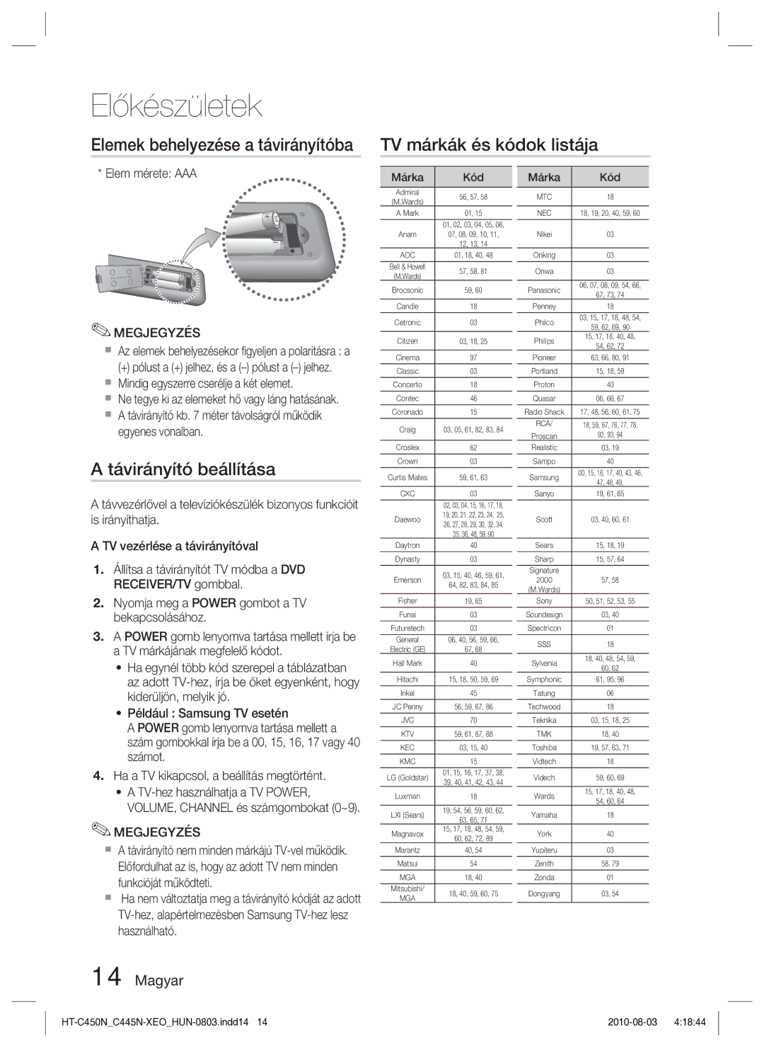 Samsung HT-C445N/EDC, HT-C450N/EDC manual Távirányító beállítása, Elem mérete AAA,  Mindig egyszerre cserélje a két elemet 