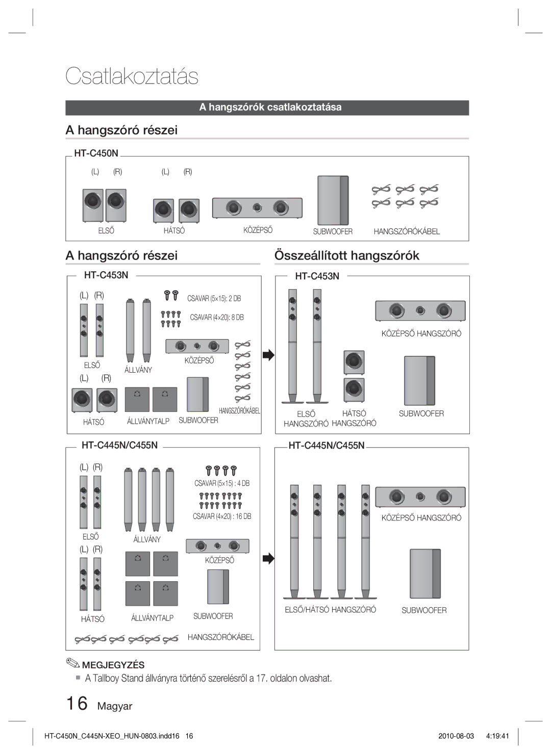 Samsung HT-C453N/EDC, HT-C450N/EDC, HT-C445N/EDC manual Hangszóró részei Összeállított hangszórók, HT-C445N/C455N 