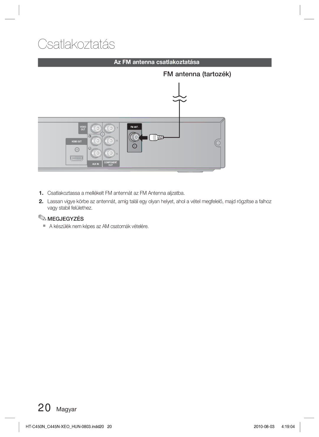 Samsung HT-C445N/EDC FM antenna tartozék, Az FM antenna csatlakoztatása,  a készülék nem képes az AM csatornák vételére 