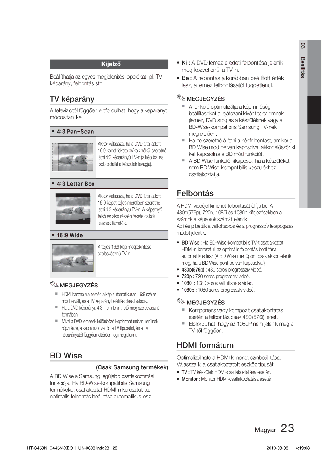 Samsung HT-C445N/EDC, HT-C450N/EDC, HT-C453N/EDC manual TV képarány, Felbontás, BD Wise, Hdmi formátum, Kijelző 