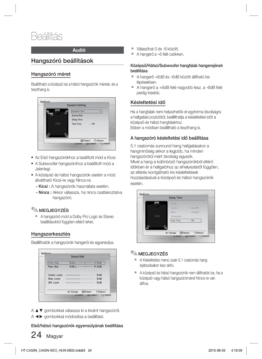 Samsung HT-C450N/EDC, HT-C453N/EDC, HT-C445N/EDC manual Hangszóró beállítások, Audió 