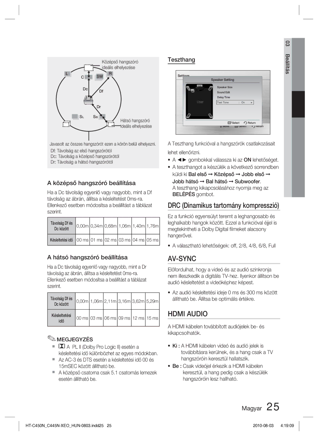 Samsung HT-C453N/EDC manual DRC Dinamikus tartomány kompresszió, Középső hangszóró beállítása, Hátsó hangszóró beállítása 