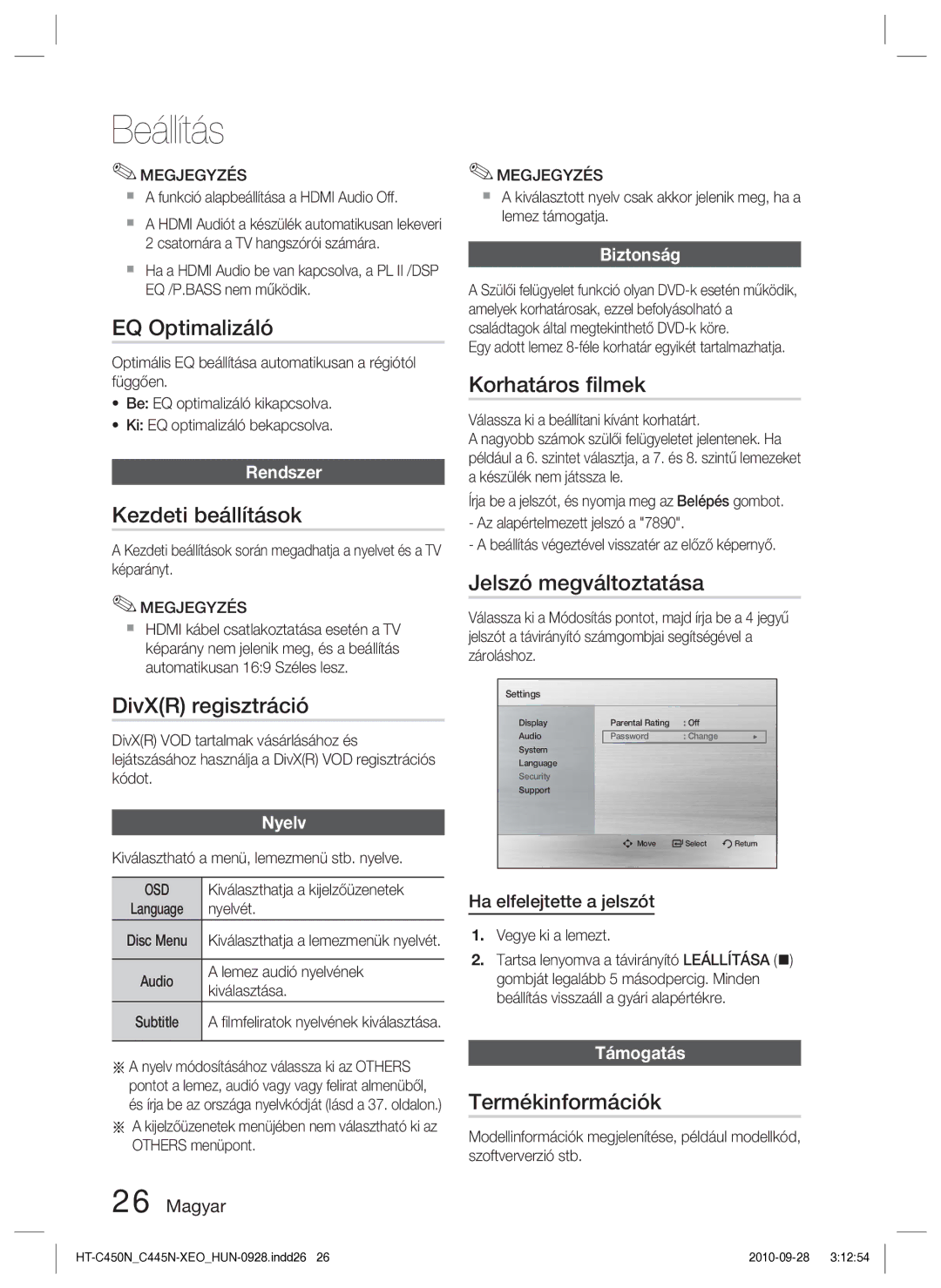 Samsung HT-C445N/EDC EQ Optimalizáló, Kezdeti beállítások, DivXR regisztráció, Korhatáros ﬁlmek, Jelszó megváltoztatása 