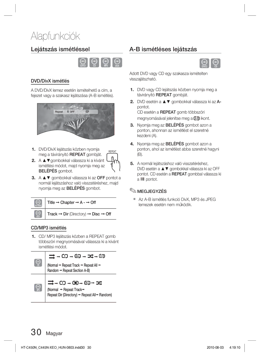 Samsung HT-C450N/EDC, HT-C453N/EDC manual Lejátszás ismétléssel, Ismétléses lejátszás, DVD/DivX ismétlés, CD/MP3 ismétlés 