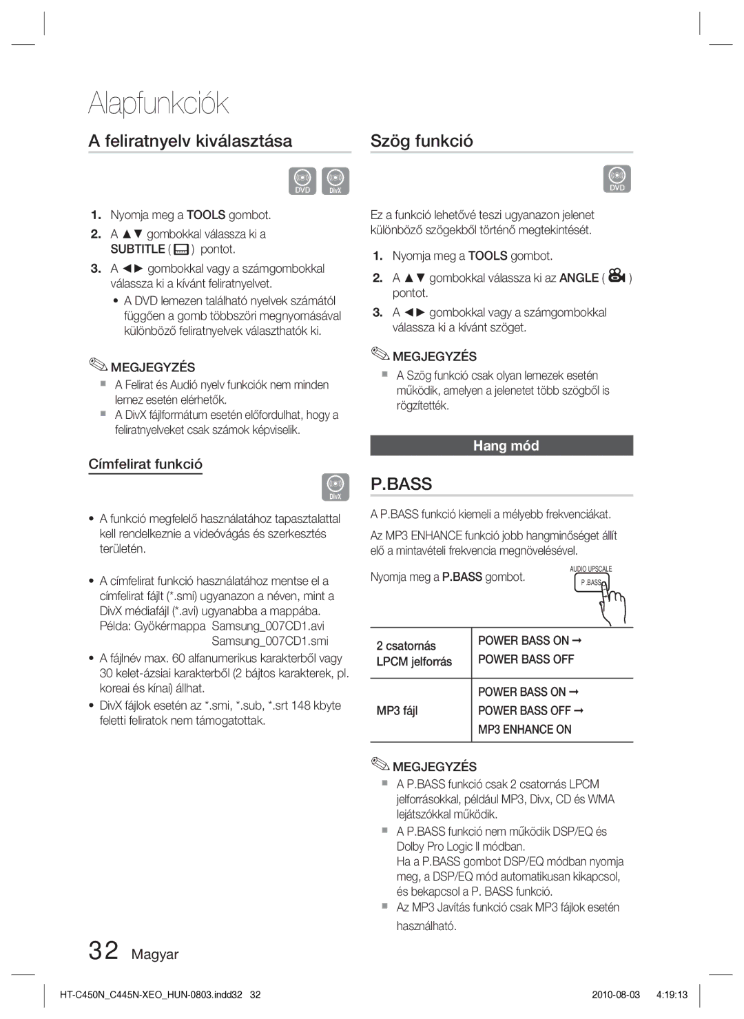 Samsung HT-C445N/EDC, HT-C450N/EDC, HT-C453N/EDC manual Feliratnyelv kiválasztása, Szög funkció, Címfelirat funkció, Hang mód 