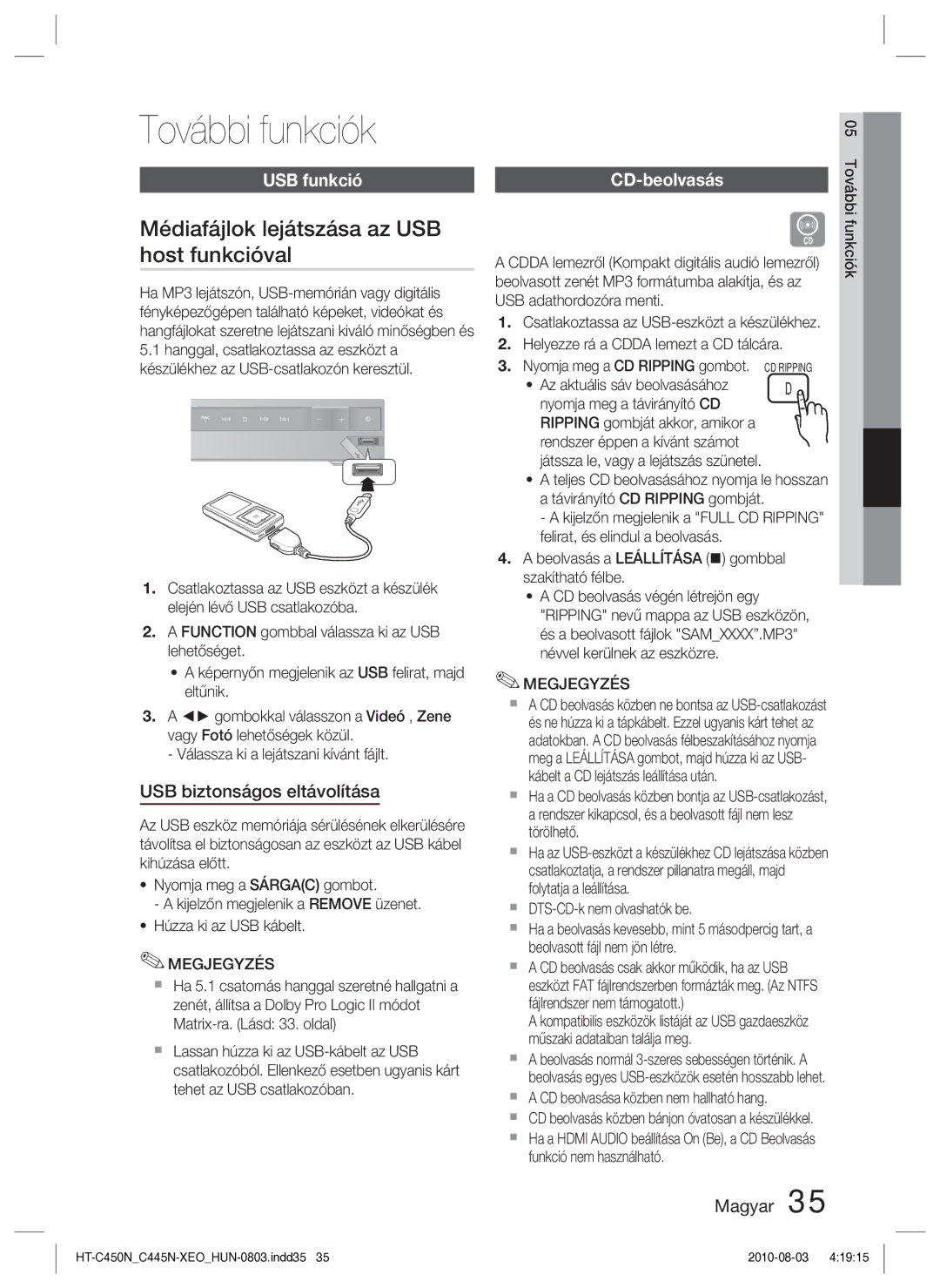 Samsung HT-C445N/EDC manual További funkciók, Médiafájlok lejátszása az USB host funkcióval, USB funkció, CD-beolvasás 